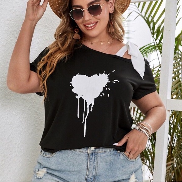 SHEIN Tops - Shein Curve Heart Splatter Off One Shoulder Bow Tie Tee T-Shirt Blouse Top 2XL